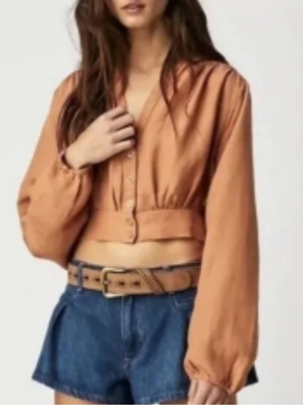 We The Free Cropped Button-Up Top in Rust Orange